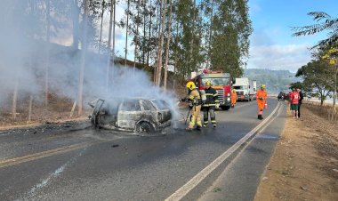 Carro pega fogo após colisão na BR-356 em Coimbra